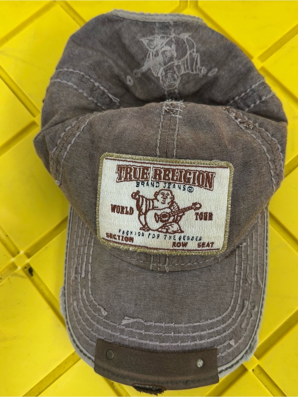 Vintage True Religion Hat Mens Leather Strapback Brown Distressed Y2K
